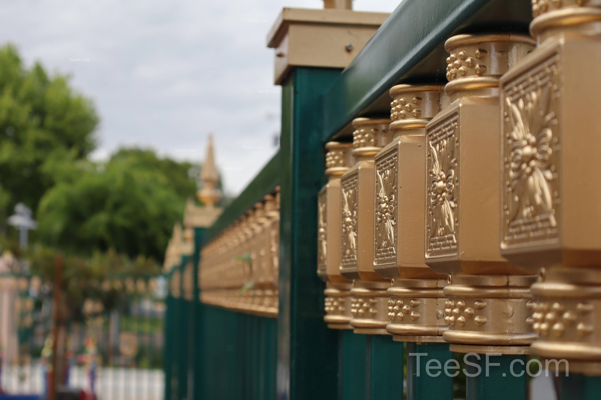 A quiet view of a golden gate detail outside Shiva Murugan Temple in Concord.